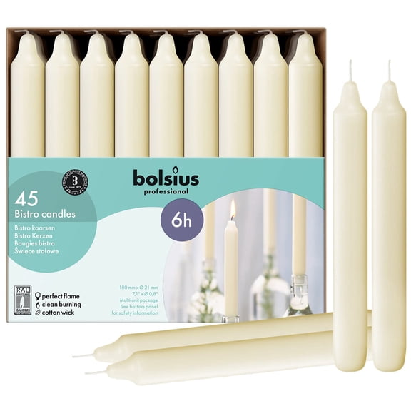 BOLSIUS Ivory Household Candles Bulk Pack 45 Count - Unscented Dripless 7 Inch Dinner Candlesticks - 6+ Hours Burn Time - Premium European Quality - Consistent Smokeless Flame - 100% Cotton Wick Y101
