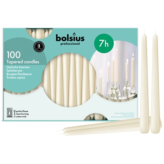 BOLSIUS Ivory Taper Candles 100 Count Bulk Pack - Dinner Candle Set - 7+ Burn Hours - Premium European Quality - Smooth Flame - 100% Cotton Wick - Smokeless & Dripless Household Candlesticks Y101