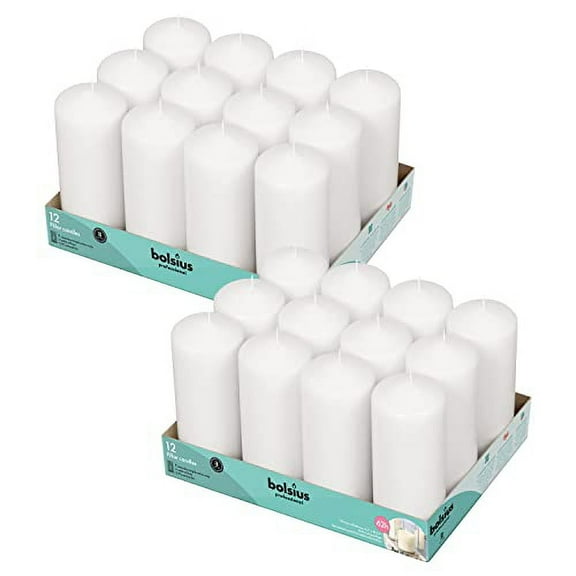 BOLSIUS White Pillar Candles - 2.7x6.7 Inches - 2 Packs = Total 24 Candles - 62+ Hours - Premium European Quality - Consistent Smokeless Flame - Unscented Dripless Pillars