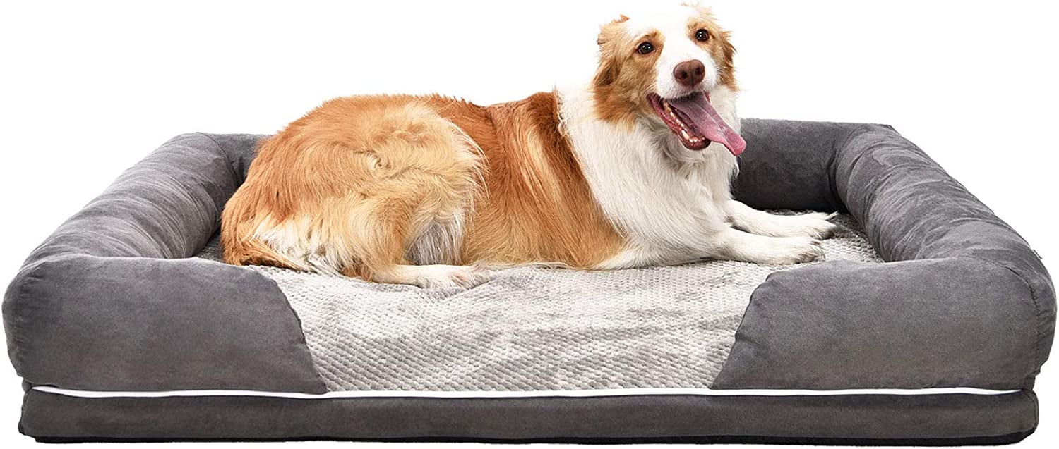 BOLUO Large Bolster Orthopedic Dog Bed Rasied Edges, Waterproof Memory Foam Pet Mat with Removable Washable Cover Anti-Slip