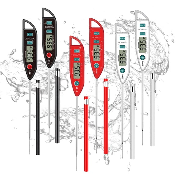 BOMATA 6 Pack Waterproof IPX7 Meat Thermometer Instant Read Food Thermometer with Long Probe for Water, Liquid, Kitchen Cooking, Grill,BBQ ! T101 X 6 Pcs (Black & Red & White)