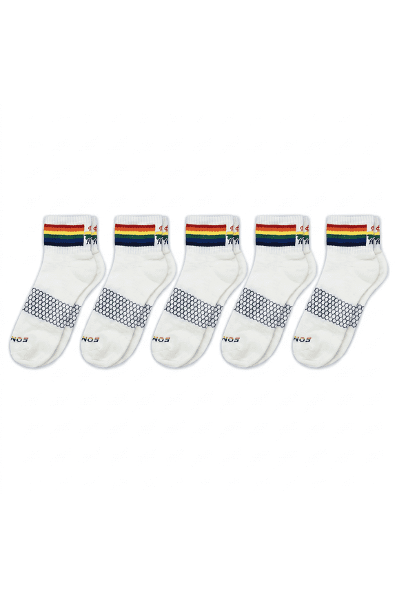 Womens Pride Quarter Socks 5-Pack, White Rainbow Bee Proud Collection, Size Medium