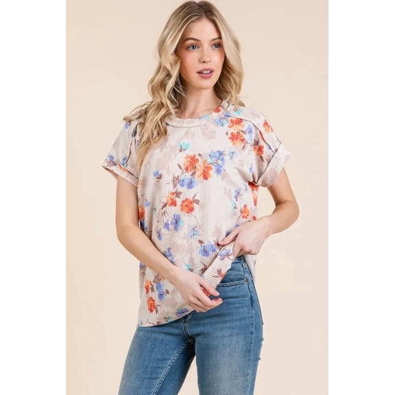 BOMBOM Floral Round Neck RIbbed T-Shirt