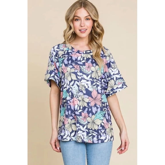 BOMBOM Floral Round Neck Short Sleeve T-Shirt