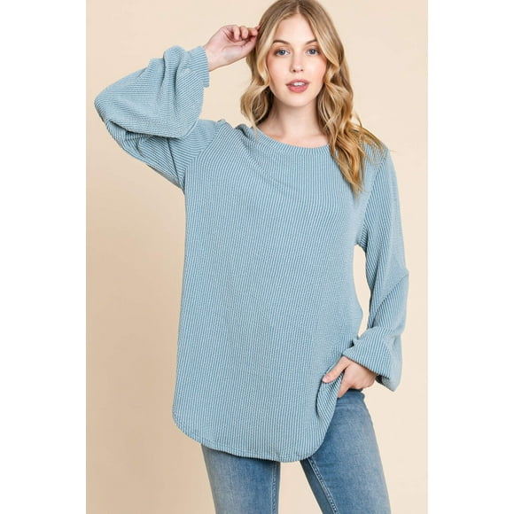 BOMBOM Long Sleeve Curved Hem Ribbed T-Shirt