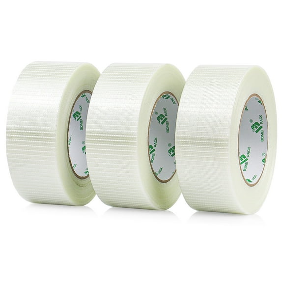 BOMEI PACK 3Pack Clear Bi-Directional Reinforced Filament Strapping Tape, 5.5mil x 2inch x 60yards, Fiberglass Packing Tape