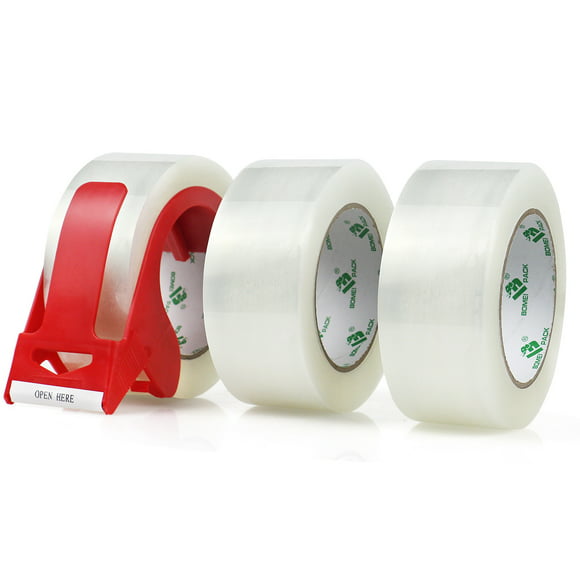 BOMEI PACK No Noise Packing Tape with Free Dispenser,3 Pack,1.88in x 55y,Silent Clear Packaging Tape for Moving, Packaging, Shipping, Office and Storage