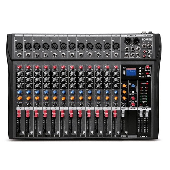 BOMGE 12 Channel Mixer Audio Console, Professional Music DJ Mixing Board with 256DSP Bluetooth MP3 Player 48V 7 Level Equalizer Supply USB Recording Studio Karaoke Live Performance (12 Channels)