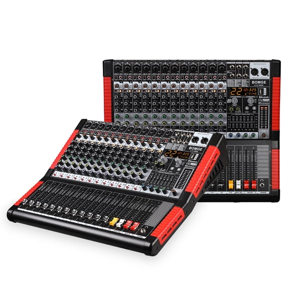 BOMGE 12Channel Pro Audio Mixer, Digital Sound Board Console with USB, Bluetooth, MP3 & PC Input, 48V Phantom Power, Builtin 24DSP Stereo Effects for DJ Studio, LiveStreaming, Beginners & Profess
