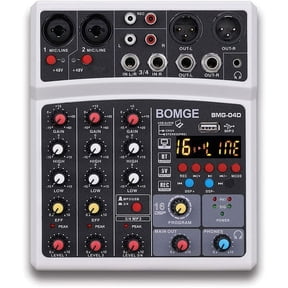 BOMGE 4 Channel dj Bluetooth Audio Mini Mixer with 99 Effects, USB Interface, Stereo Recording, 48V Phantom Power for PC,phone(White)