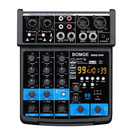 BOMGE 4 Channel mini DJ Audio Sound Mixer Interface with MP3 USB, Bluetooth, Stereo Recording, 48V Phantom Power, 24 DSP for karaoke, performance, church singing podcas streaming-black