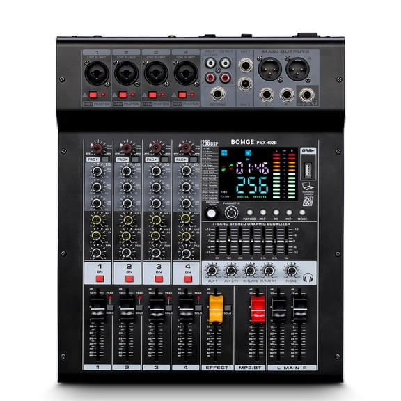 BOMGE 4-channel audio interface mixer with 256 DSP, Bluetooth 48V phantom power, 2x350W amplifier (4 ohms), for studio recording, DJ mixing, karaoke, concert parties and streaming