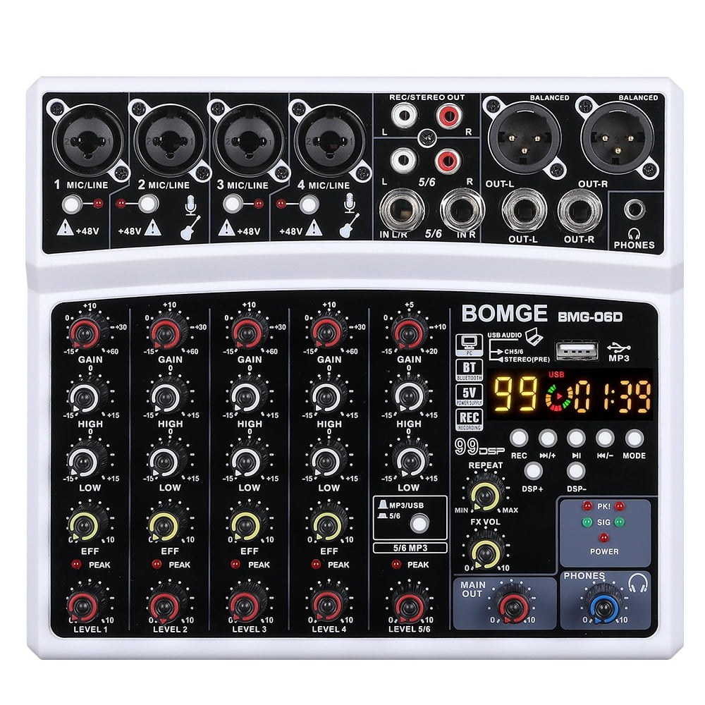 BOMGE 6 Channel Audio Sound Mixer for Live Streaming,Karaoke and Stereo Recording - With PC Record/ Bluetooth/USB/48V /DSP