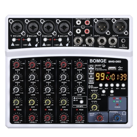 BOMGE 6 Channel Audio Sound Mixer for Live Streaming,Karaoke and Stereo Recording - With PC Record/ Bluetooth/USB/48V /DSP