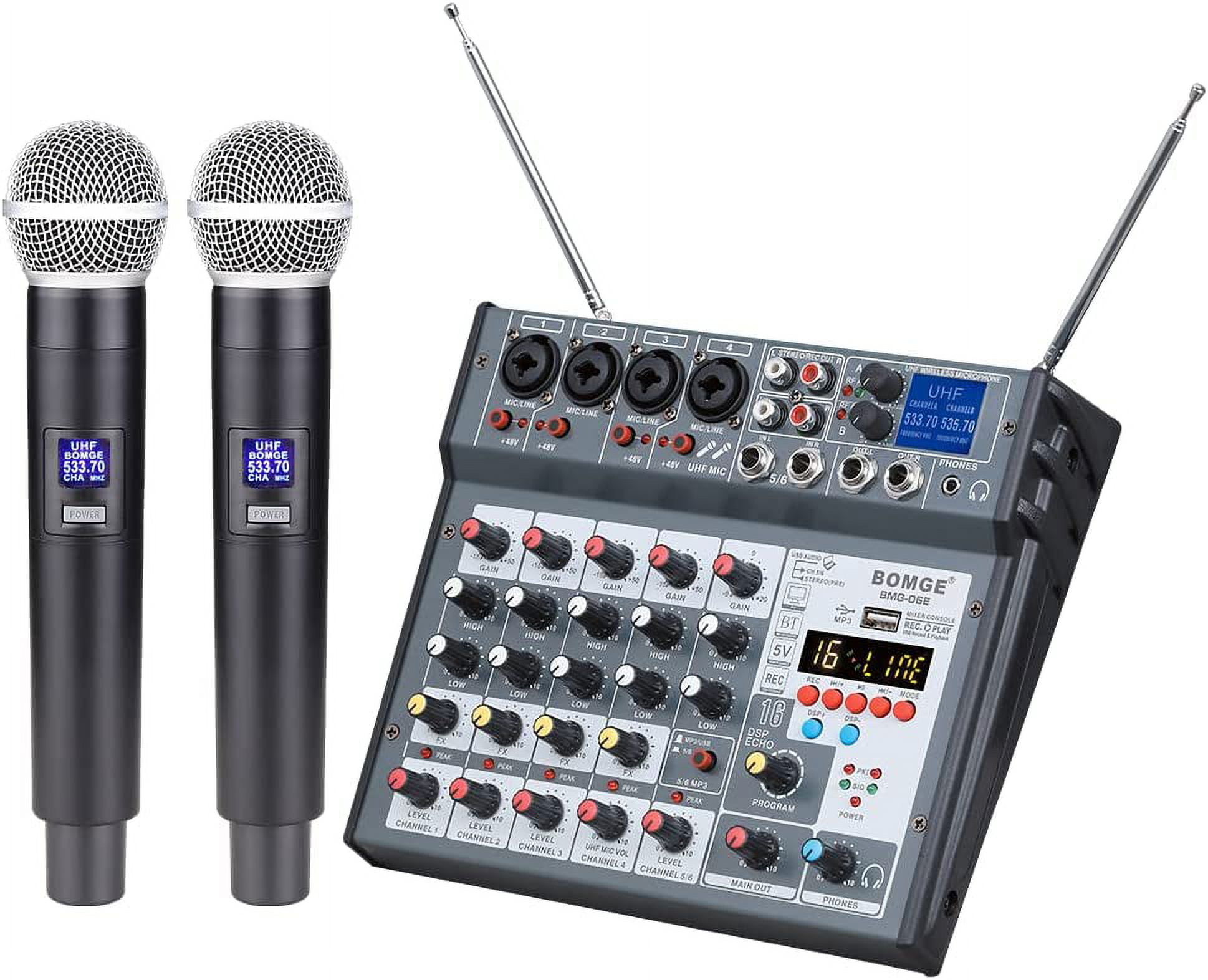 BOMGE 6 channel Audio DJ Console Mixer Soundcard with 2 Wireless Microphoneh,MP3,USB Bluetooth, 48V phantom for Home Studio Recording DJ Network Live Karaoke 16 Echo/Delay (06E-grey)