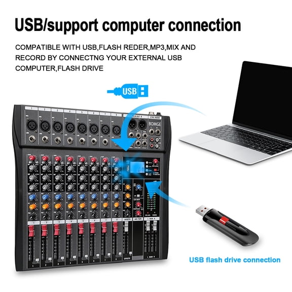 BOMGE 8 Channel Mixer Audio Console, Professional Music DJ Mixing Board with 256DSP Bluetooth MP3 Player 48V 7 Level Equalizer Supply USB Recording Studio Karaoke Live Performance (8 Channels)