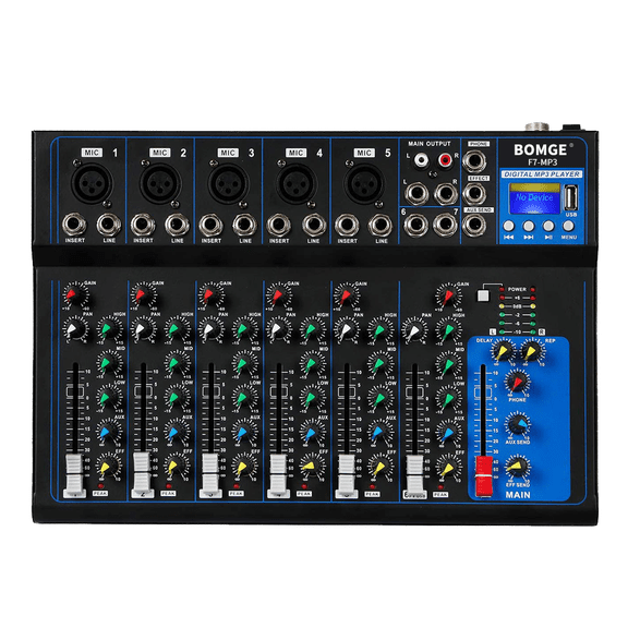 BOMGE K7 Bluetooth Portable Audio Mixer with USB Sound Mixing Console MP3 Stereo 48V Power Supply for Computer Recording, 4/7 Channel Band Mixing Board for DJ Studio Recording (7 Channels)