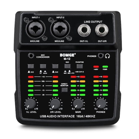 BOMGE M12 USB audio interface, two-channel mixer, XLR/3.5mm input, 48V power supply, computer recording sound card, studio, live performance, karaoke, plug and play