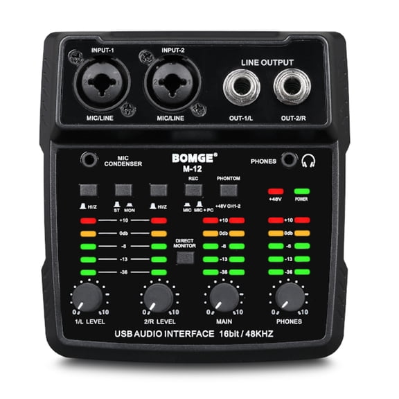 BOMGE M12 USB audio interface, two-channel mixer, XLR/3.5mm input, 48V power supply, computer recording sound card, studio, live performance, karaoke, plug and play