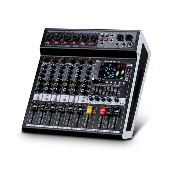BOMGE Powr Mixer Audio, 6 Channel Powered Sound Mixer Amplifier 2*400W DJ Mixer Board with USB 6