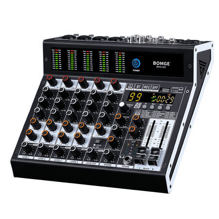 BOMGE Professional Audio Mixer 6-Channel Mixing Console with 99 DSP Effects, +48V Phantom, Bluetooth, USB Interface. 2 AUX.FX processors for studio recording and live performance
