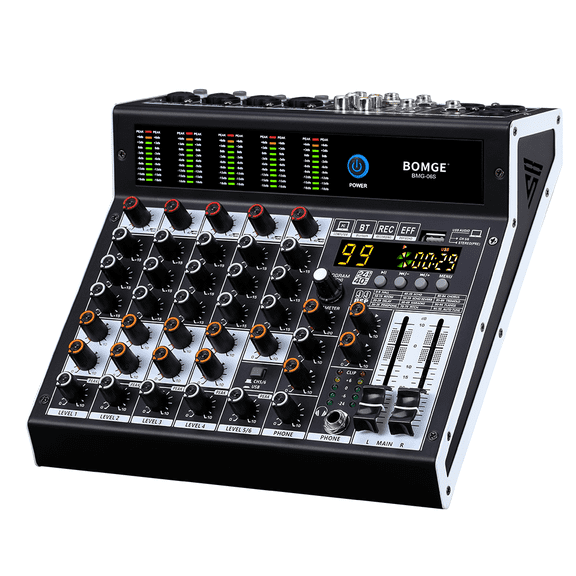 BOMGE Professional Audio Mixer 6-Channel Mixing Console with 99 DSP Effects, +48V Phantom, Bluetooth, USB Interface. 2 AUX.FX processors for studio recording and live performance