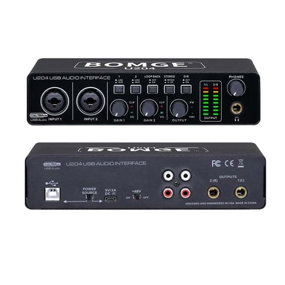 BOMGE U204 USB Audio Interface for PC Computer Music Recording, 2x2 Guitar Audio Interface for Mac 32-Bit/192kHz Podcast Streaming, 48V Phantom for Singer Producers