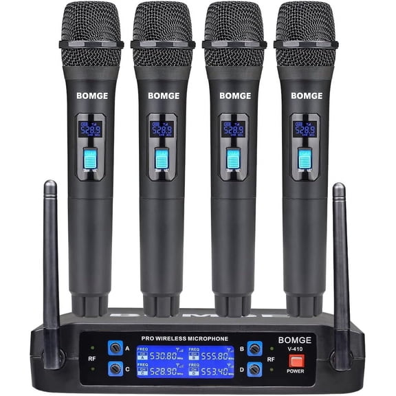 BOMGE Wireless Microphone System, Pro 4-Channel Cordless Mic Set with Four Handheld Mics, Fixed Frequency, Long Range 200ft, Ideal for Church,Karaoke, Events (V410)