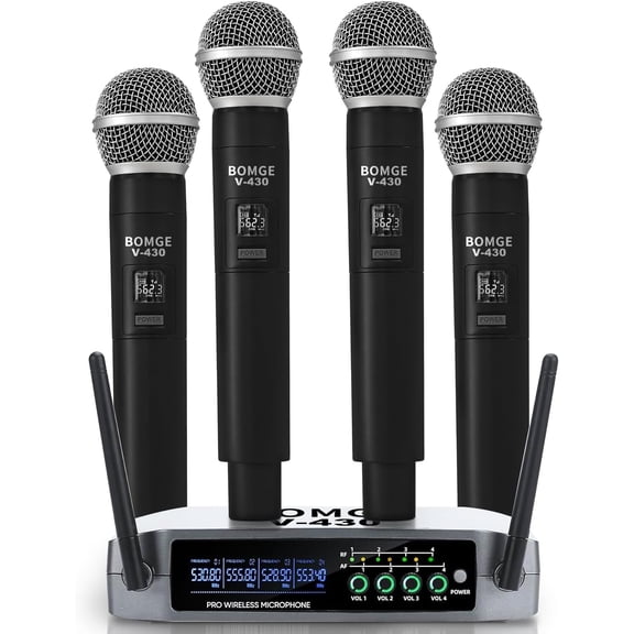 BOMGE Wireless Microphone System, Pro 4-Channel Cordless Mic Set with Four Handheld Mics, Fixed Frequency, Long Range 200ft, Ideal for Church,Karaoke, Events (V410)