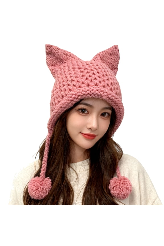 Fox Cat Ears Crochet Beanie Hat Earmuff Caps Earflaps Pompom Balls Warm Hats