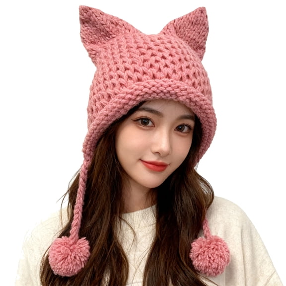 BOMHCS Fox Cat Ears Crochet Beanie Hat Earmuff Caps Earflaps Pompom Balls Warm Hats