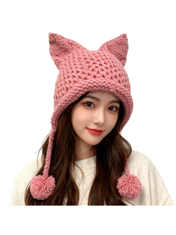 Fox Cat Ears Crochet Beanie Hat Earmuff Caps Earflaps Pompom Balls Warm Hats
