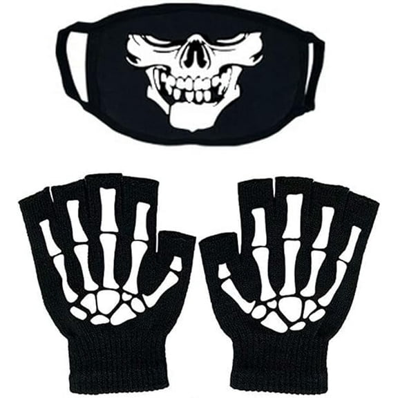 BOMJJOR Skeleton Gloves Mask Beanie with Eye Holes Kids Halloween Knit Skull Dress Up Headdress Cap Face Mask Hat Gloves Set