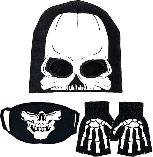 BOMJJOR Skeleton Gloves Mask Beanie with Eye Holes Kids Halloween