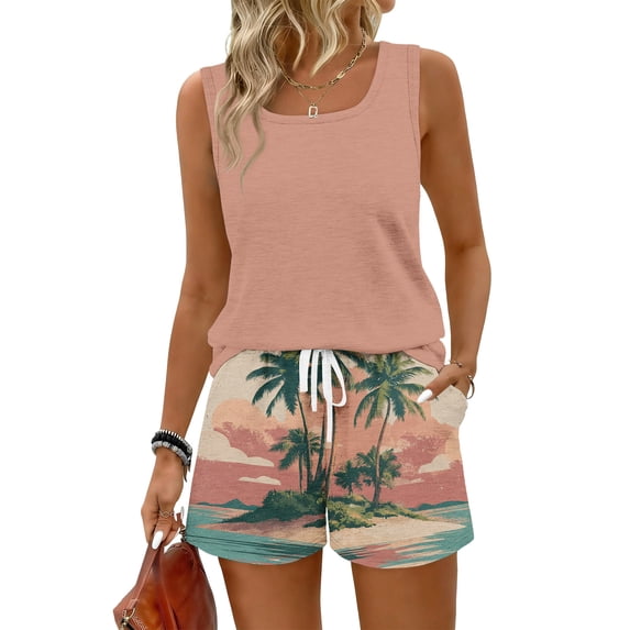 BOMYJESK 2 Piece Sets for Women Casual Sleeveless Tank Top Trendy Hawaiian Print Matching Elastic Waisted Plus Size Lounge Short Sets Travel Outfits with Pockets 2026 Summer Complexion XXL
