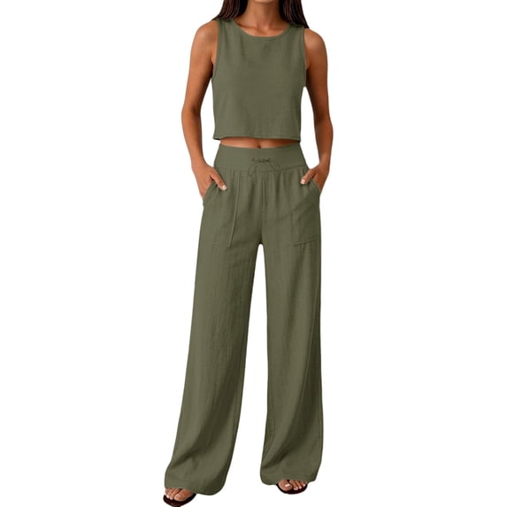 BOMYJESK 2 Piece Sets for Women Square Neck Sleeveless Crop Tops Wide Leg Pants Casual Summer Matching Lounge Set Tracksuits Dark Green XXL