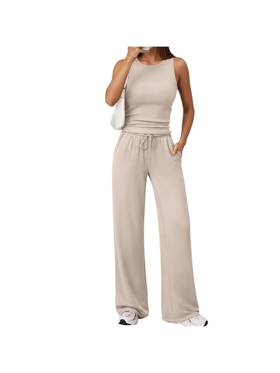 2 Piece Sets for Women Summer Butter Soft Tank Top Wide Leg Pants Lounge Sets 2026 Vacation Travel Outfits with Pockets Beige XL