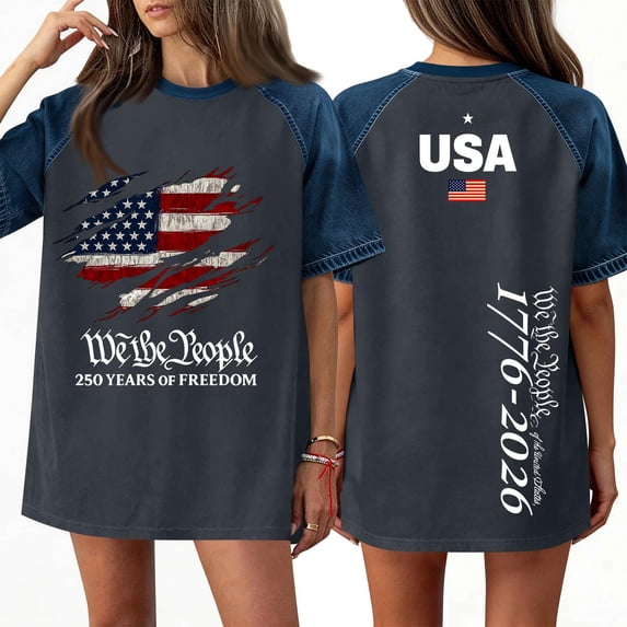 BOMYJESK American Flag T-Shirt for Women 250 Anniversary USA Patriotic Shirt 1776 Red White Blue Star Stripes Plus Size American Flag Tops 4th Of July Denim Shirt Crew Neck Regular T-Shirt Gray S