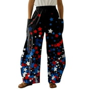 BOMYJESK American Flag Women Linen Palazzo Pants 4th of July Summer Casual Loose High Waist Wide Leg Long Lounge Pant Trousers with Pocket Black L