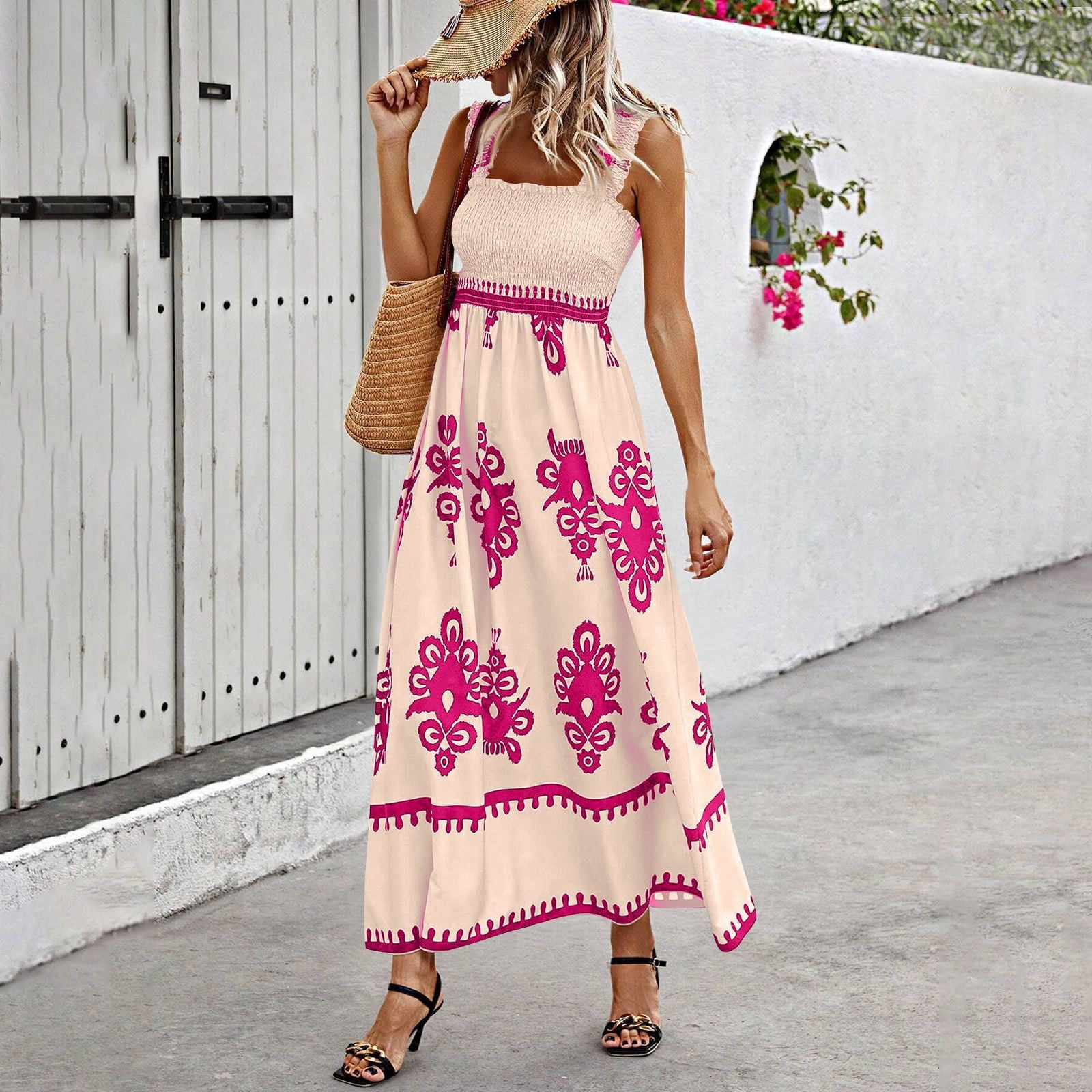 Wenrine Womens Leopard Polka Dot Spaghetti Strap Smocked Maxi Dress