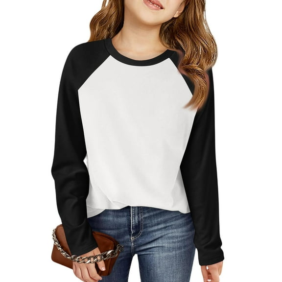 BOMYJESK Girls Long Sleeve Shirts Size 10-12 Raglan Sleeve Casual Crewneck Tee Tops Cozy Autumn T Shirts Basic Color Block T Shirts Top Black 5-6Y