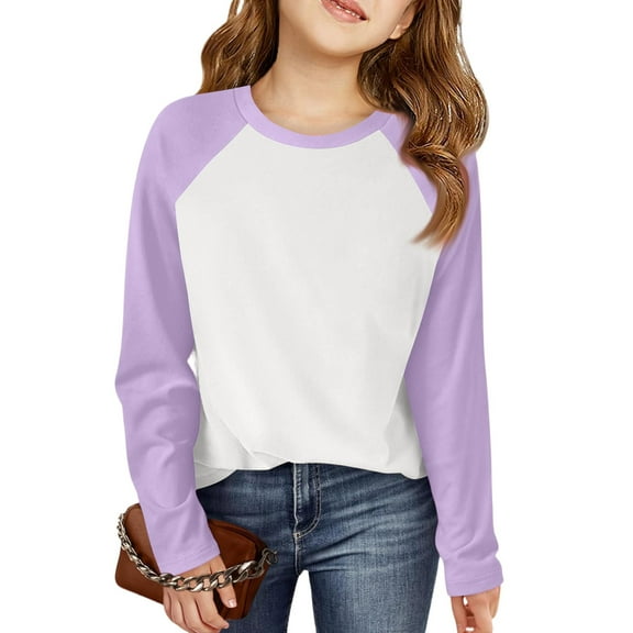 BOMYJESK Girls Long Sleeve Shirts Size 10-12 Raglan Sleeve Cute Crewneck Blouses Tops Fashion Autumn T Shirts Basic Patchwork T Shirts Top Purple 9-10Y