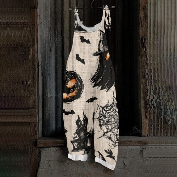 BOMYJESK Halloween Jumpsuits for Women Bat Pumpkin Ghost Sleeveless Overall Jumpsuit 2026 Fall Baggy Overalls Black 3XL