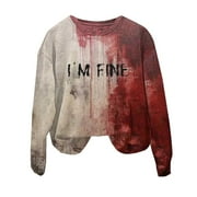 BOMYJESK I'm Fine Bloody Shirt Sweatshirt for Women Novelty Halloween Shirts Crewneck Long Sleeve Splatter Bloodstained Shirts Soft Printed Fall Outfits Red S
