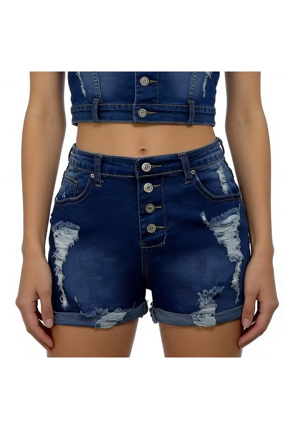 Jean Shorts Womens High Waisted Denim Shorts Casual Ripped Frayed Cutoff Shorts Trendy Summer Folded Pull on Jorts with Pockets Blue M