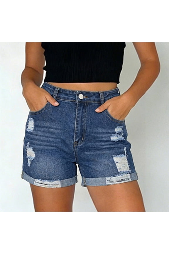 Jean Shorts for Women High Waisted Denim Short Casual Ripped Frayed Cutoff Shorts Trendy Summer Folded Short Jorts with Pockets Dark Blue XL