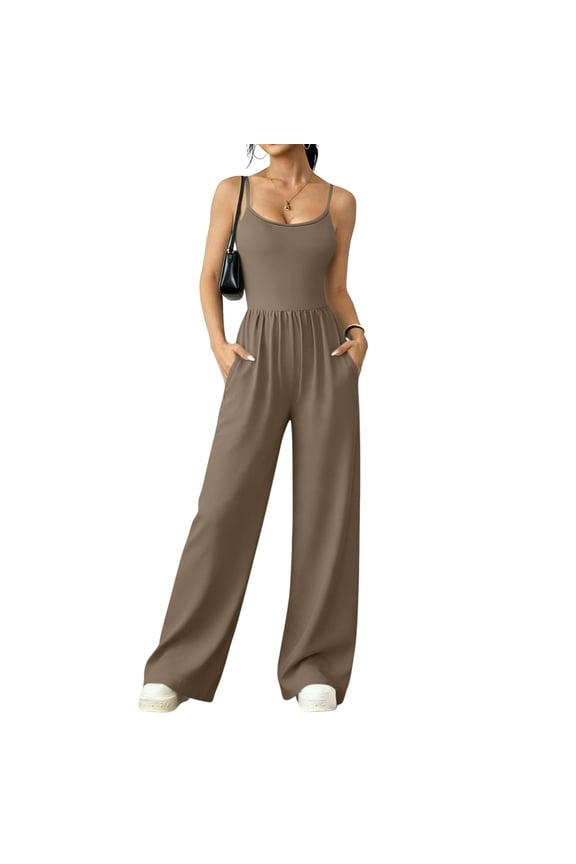 Jumpsuits for Women Dressy Sleeveless Spaghetti Strap Wide Leg Baggy Pants Trendy Beach Vacation Outfits Fashion Clothes 2026 with Pockets Khaki L