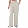 thumbnail image 1 of BOMYJESK Linen Pants Women Striped Wide Leg Palazzo Pants 2026 Summer High Elastic Waisted Lounge Pajama Pants Casual Beach Vacation Long Straight Pant Trousers with Pockets Beige XXL, 1 of 5
