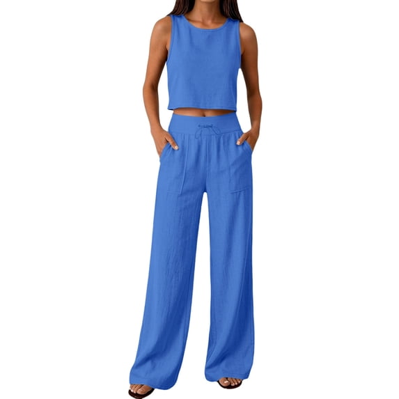 BOMYJESK Linen Sets for Women 2 Piece Square Neck Crop Tops Wide Leg Pants Casual Summer Lounge Sets Travel Vacation Outfits Light Blue L