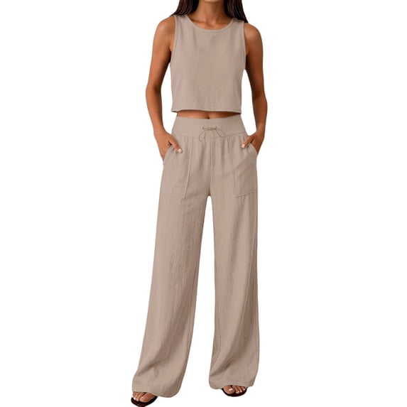 BOMYJESK Linen Sets for Women 2 Piece Square Neck Tank Tops Wide Leg Linen Pants Casual Summer Matching Lounge Set Tracksuits Beige M
